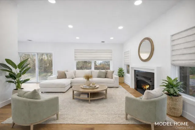 a living room with furniture a fireplace and a potted plant