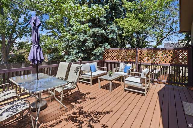 8938 Manchester Lane Sandy, UT 84093 - Photo 36 of 50 Expansive outdoor deck featuring wood-finish flooring, a full railing, and decorative lattice panels