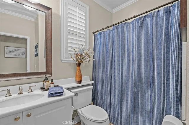 a bathroom with a sink a toilet a mirror and shower curtain