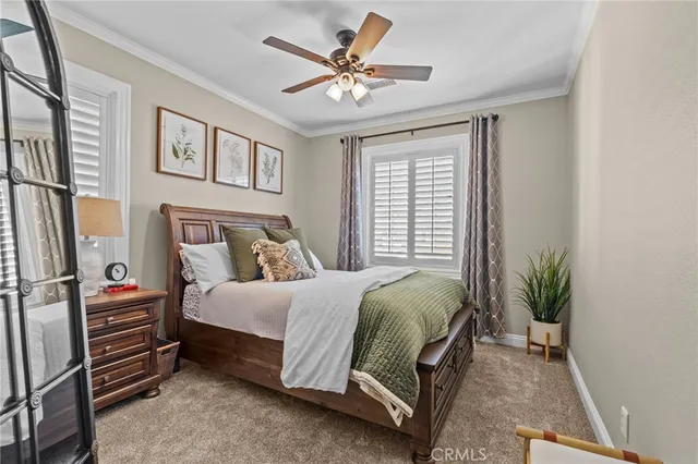 a bedroom with a bed and a potted plant