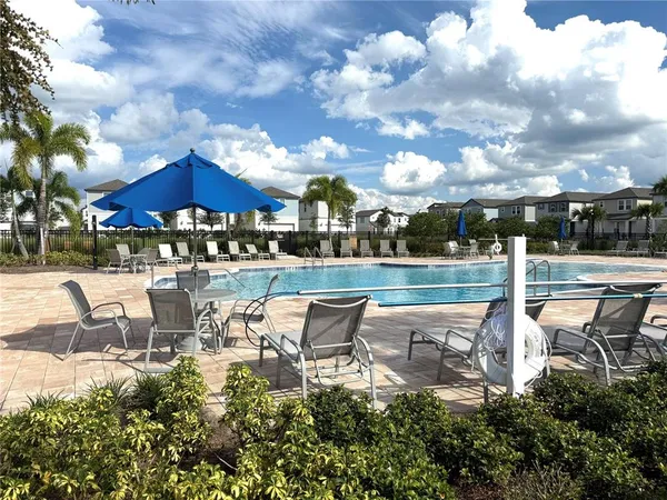 a swimming pool with outdoor seating and yard