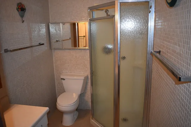a bathroom with a toilet and a shower