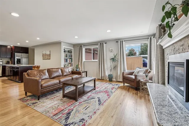 a living room with furniture or couch and a fireplace