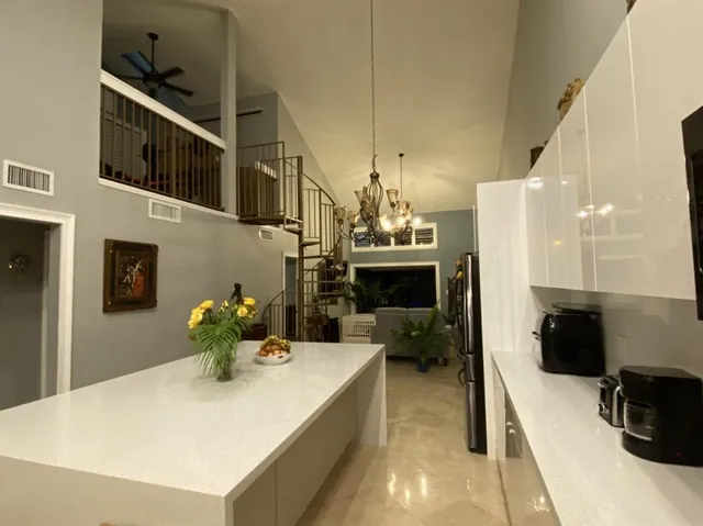 a view of a dining room with furniture