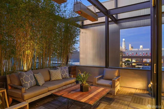 a building outdoor space with patio furniture