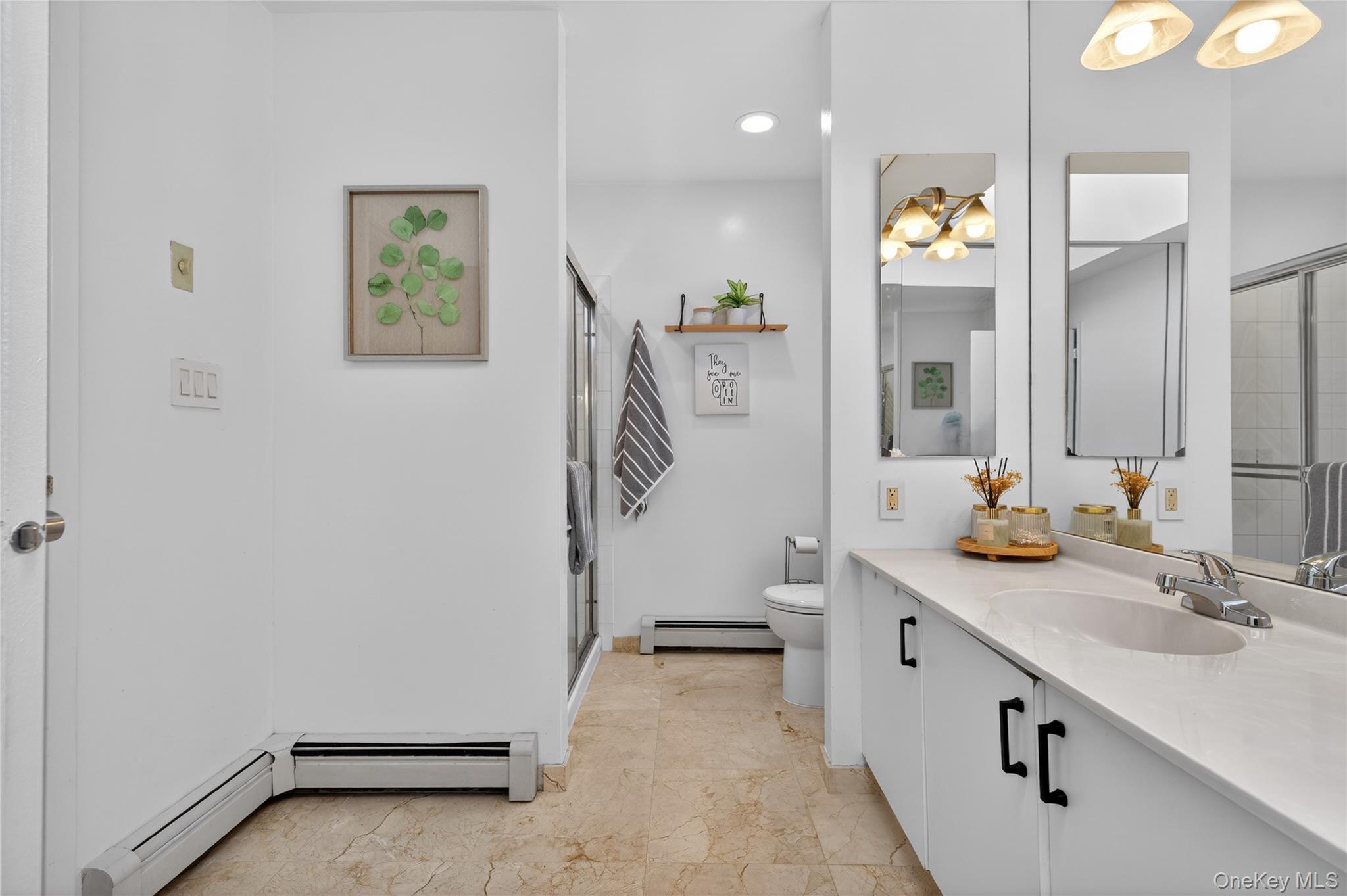 53 Timber Ridge Drive Commack, NY 11725 - Photo 42 of 50 a bathroom with a sink a toilet and painting on the wall