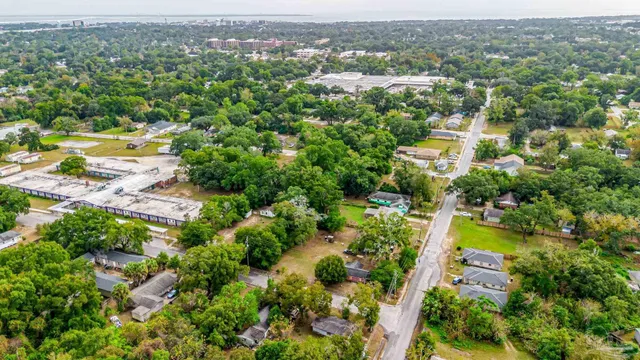 an aerial view of residential houses with outdoor space and trees