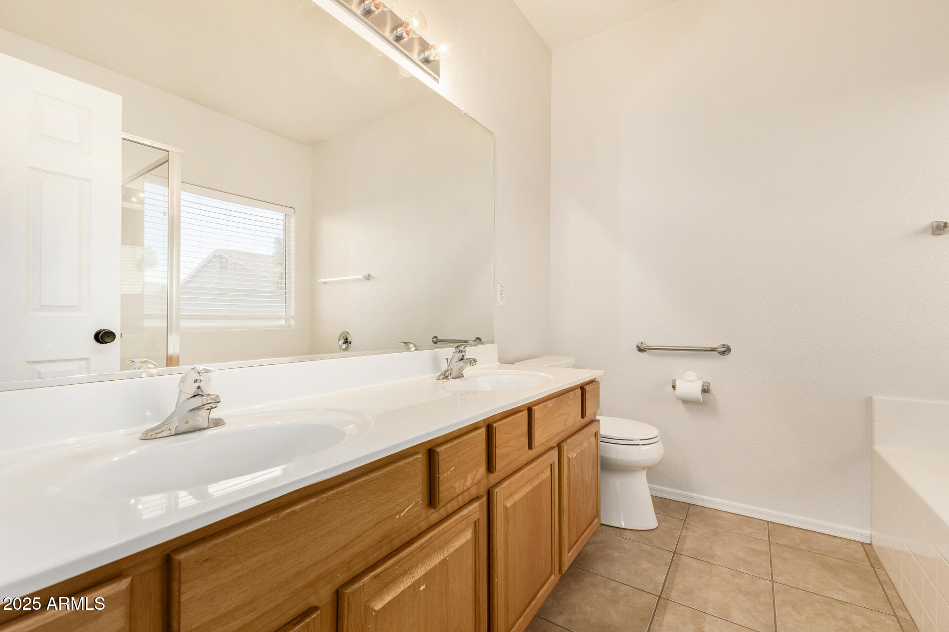 3622 South Joshua Tree Lane Gilbert, AZ 85297 - Photo 24 of 37 a bathroom with a sink a toilet and a large mirror