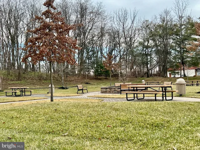 a view of a lake with a bench and trees