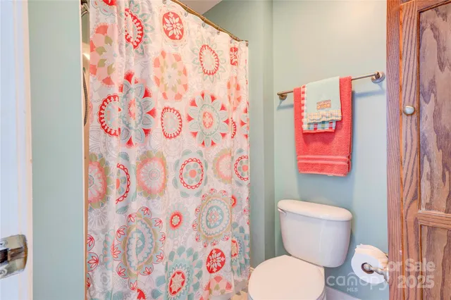 a white toilet sitting next to a shower curtain