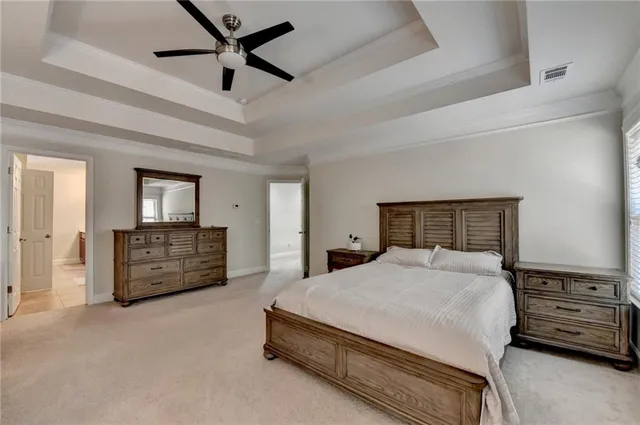 a view of a park with large trees