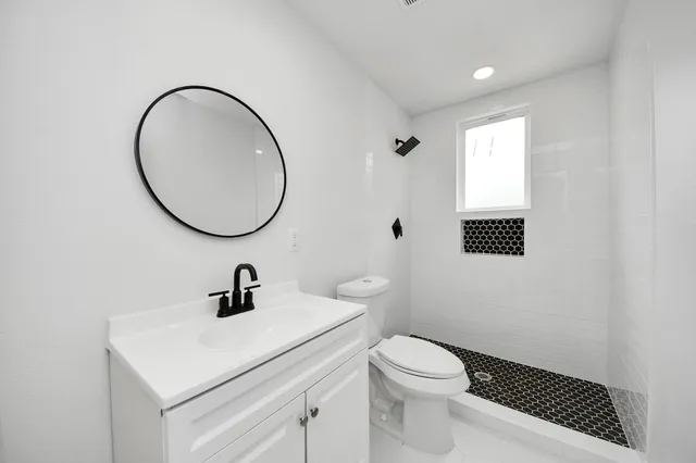 a bathroom with a toilet a sink and a mirror