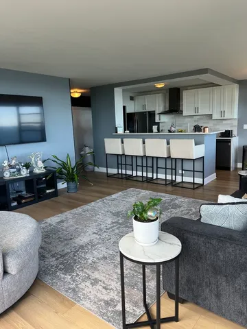 a living room with furniture and a potted plant