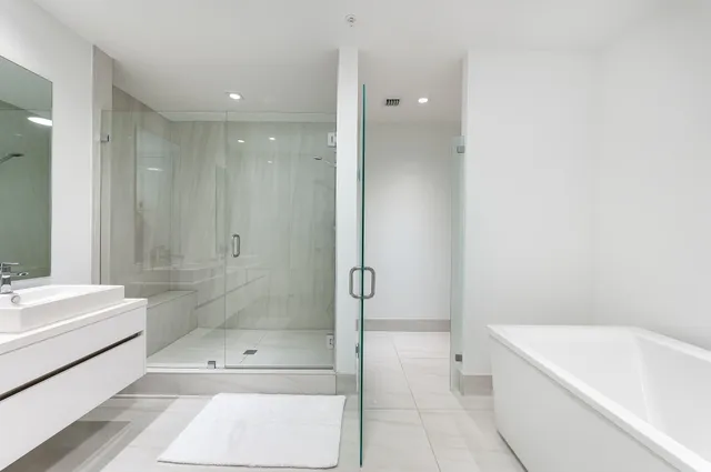 a bathroom with a bathtub and a shower