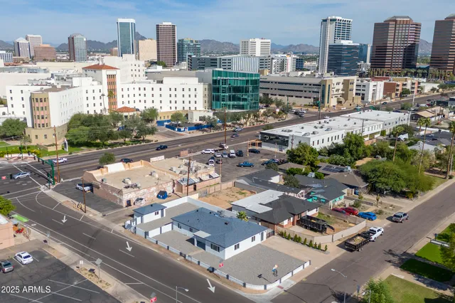a city view with tall buildings