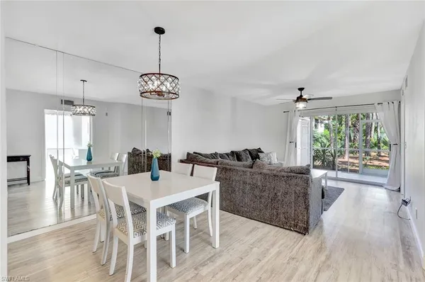 a view of a dining room with furniture window and wooden floor