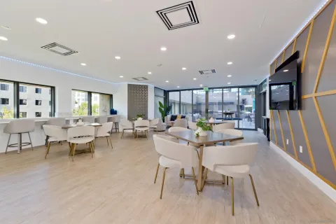 a dining room with furniture a rug and a flat screen tv