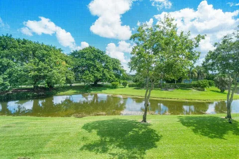 a view of a garden with a lake