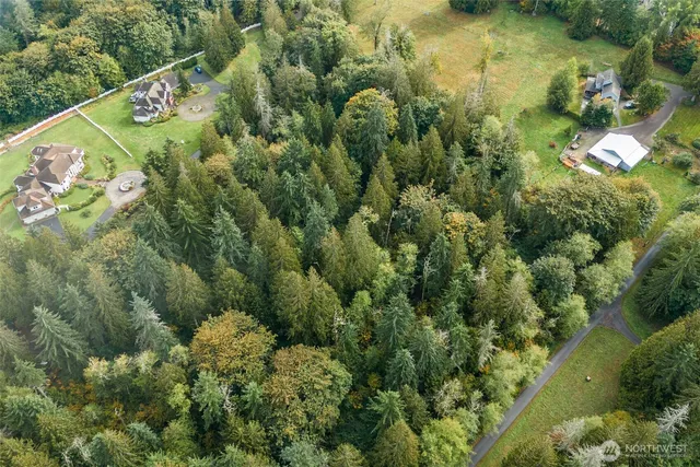an aerial view of a house with a yard