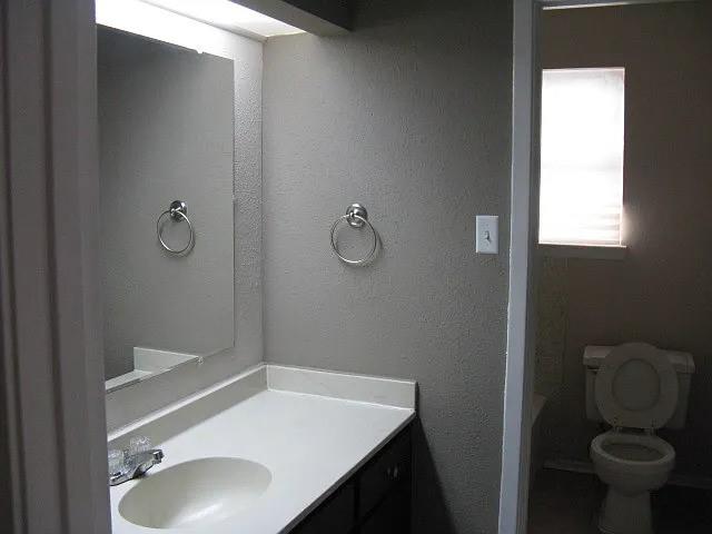 4004 Vicky Street Big Spring, TX 79720 - Photo 8 of 13 Vanity area featuring a built-in sink with a single-handle faucet, a wall-mounted mirror, and overhead strip lighting