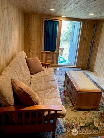 a room with wooden cabinets