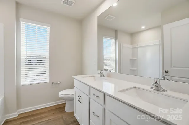 a bathroom with a double vanity sink toilet and a mirror