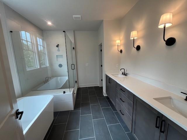 3932 Calm Court Chamblee, GA 30341 - Photo 17 of 27 a spacious bathroom with a double vanity sink a large mirror and shower