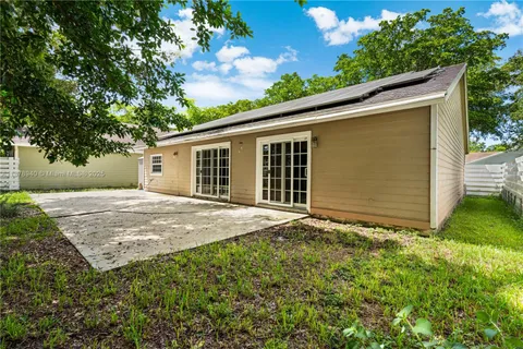 a backyard of a house with plants and tree