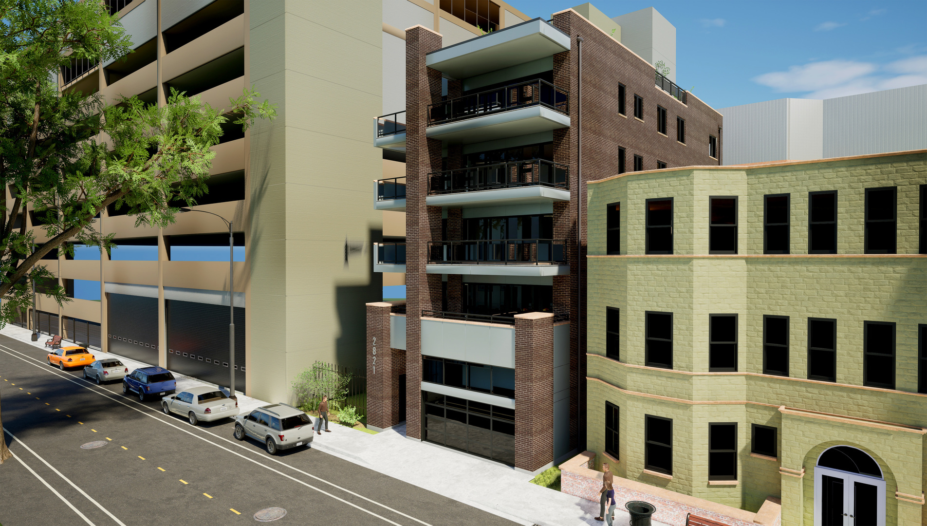 a front view of a building with glass windows and brick walls