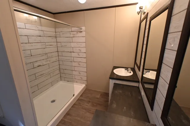 a bathroom with a shower and a sink