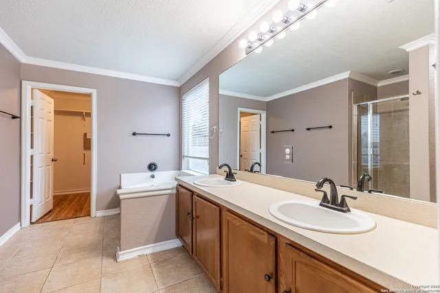 a bathroom with a double vanity sink a mirror and a bathtub