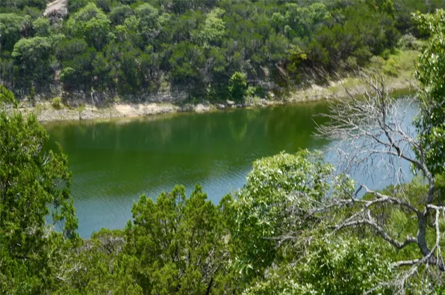 a view of a lake with a yard and large trees