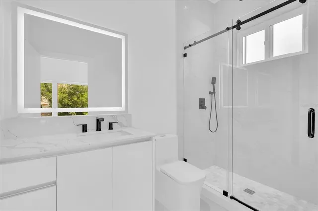 a bathroom with a shower sink vanity and mirror
