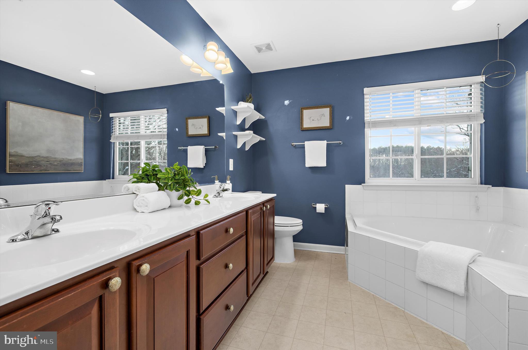 3115 Raking Leaf Drive Abingdon, MD 21009 - Photo 35 of 61 a spacious bathroom with a double vanity sink a large mirror a bathtub and next to a window
