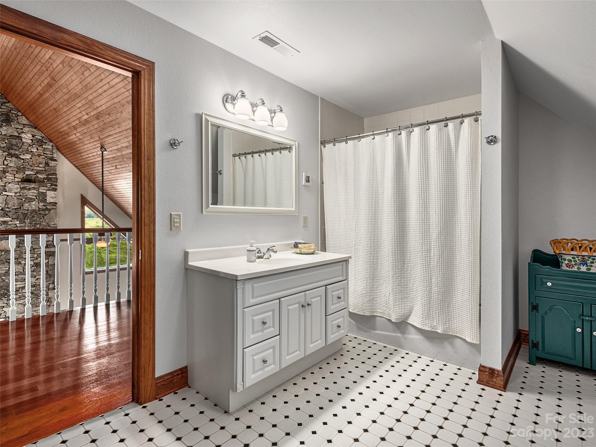 234 Arbor Ridge Clyde, NC 28721 - Photo 19 of 33 a bathroom with a sink a mirror and a shower