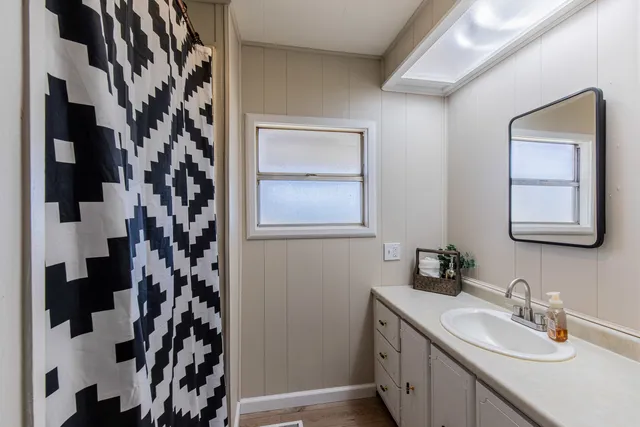 a bathroom with a sink and a mirror