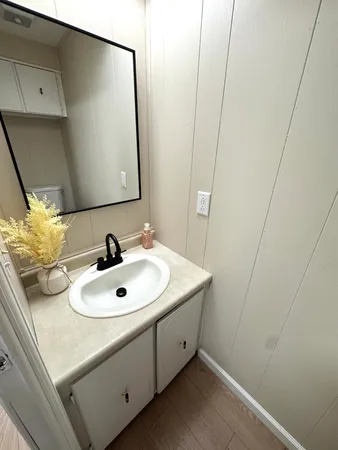 a bathroom with a sink and a mirror