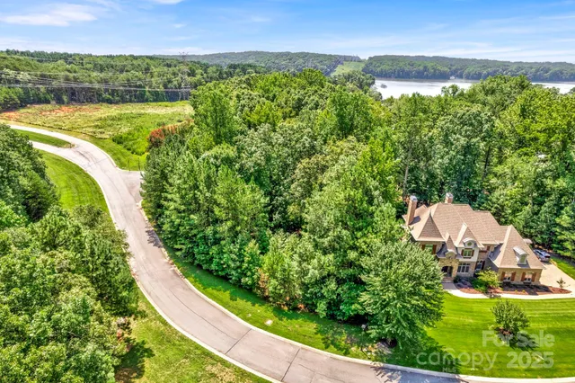 an aerial view of residential houses with outdoor space and river