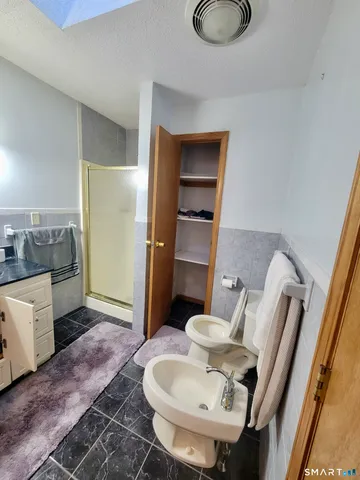 a bathroom with a sink toilet and shower
