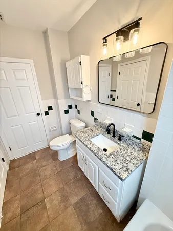 a bathroom with a sink a toilet and mirror