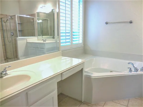 a bathroom with a sink a mirror and a shower