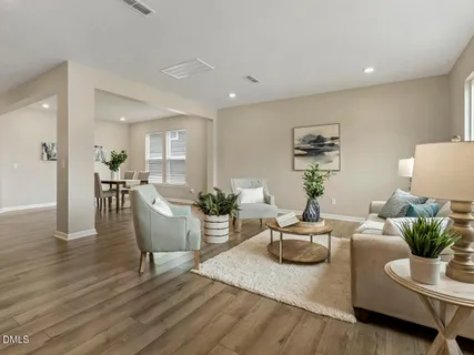 a living room with furniture and a potted plant