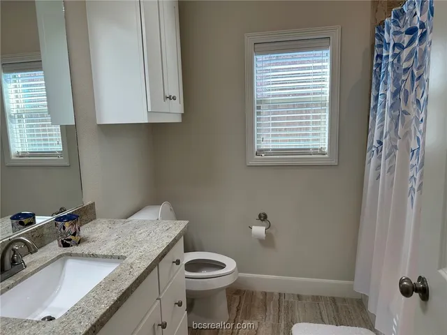 a bathroom with a granite countertop sink toilet and a mirror
