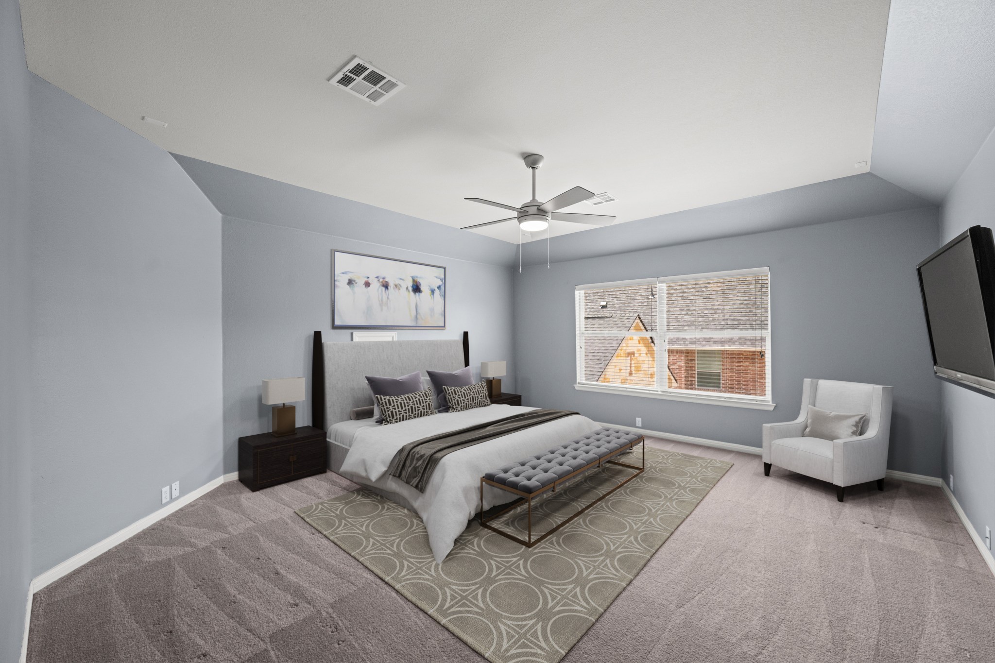 1023 Grassy Field Road Austin, TX 78737 - Photo 24 of 40 Spacious 5th bedroom featuring vaulted ceilings, a large window, a ceiling fan with integrated lighting. Virtually staged to show flexibility with large space.
