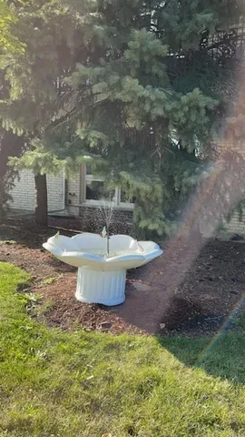 a view of a fountain in the backyard of the house