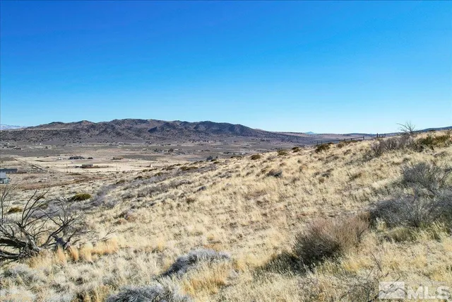 a view of a dry field with mountains in the background