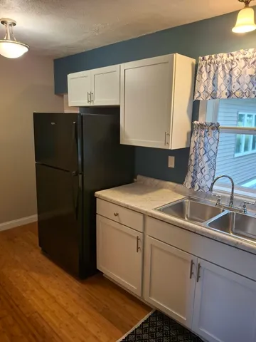 a kitchen with a refrigerator and a sink