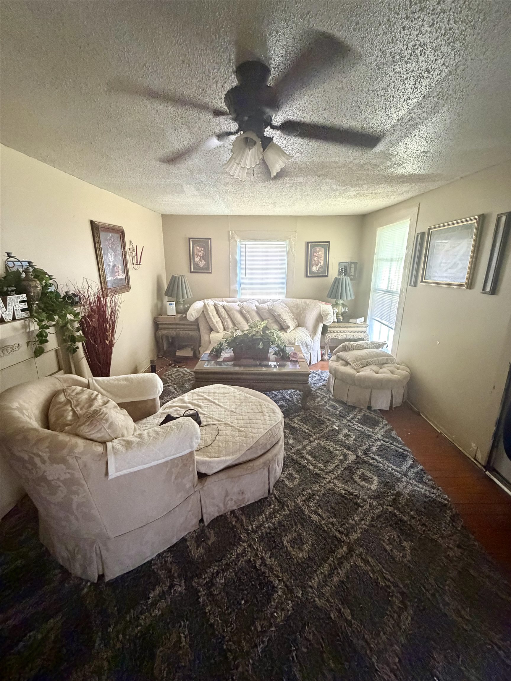 196 Barbee Avenue Ripley, TN 38063 - Photo 2 of 4 Living area featuring wood-finish flooring, a textured ceiling, and a ceiling fan with integrated lighting