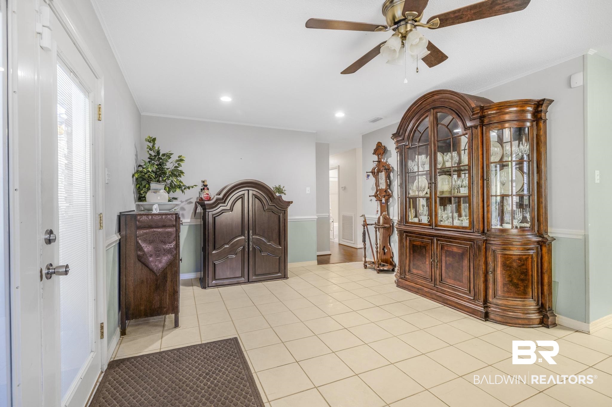 2573 E Road Mobile, AL 36693 - Photo 14 of 45 Foyer featuring recessed lighting, light tile patterned floors, a ceiling fan, and ornamental molding