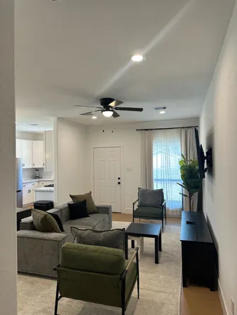 a living room with furniture and a potted plant